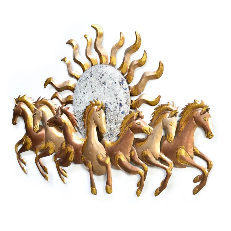 This Gold 7 Horses with Sun Metal Wall Art is the perfect addition to any living room. Crafted from metal, it features striking gold coloring and an iconic 7 horses with sun design. Hang it in any space to bring warmth and personality to your interior. Size: 48 x 27 Inches. Made of High-Quality Iron Metal Anti-rust powder coating used for long lasting finish Hanging Mechanism included Horse wall decor with led lighting