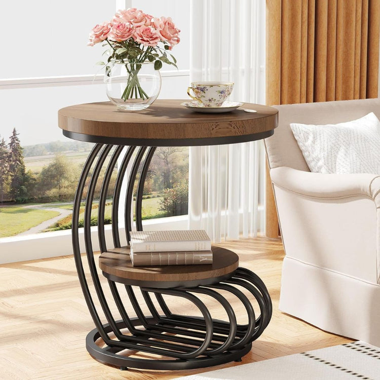 Modern Round End Table with 2-Tier Wood Shelves and Curved Metal Base-Hansart, Tables, Elevate your living space with this modern industrial round side table. Designed with a perfect blend of rustic wood and contemporary metal accents, this stylish table brings functionality and sophistication to any room. The dual-tiered design provides ample surface area for both display and storage, while the artistic curved metal base adds a bold architectural statement. Ideal for your living room, reading nook, or offi