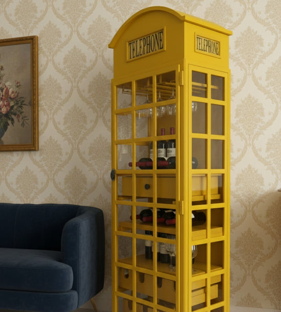 Antique Yellow Telephone Booth Bar Cabinet & Wine Holder