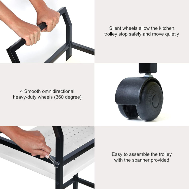 Collage of a kitchen trolley with wheels, showing assembly and features.