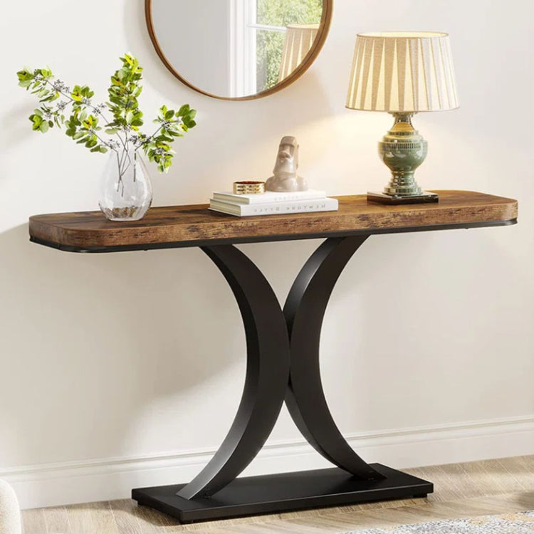 Rustic Brown Console Table with Sculptural Black Metal Base-Hansart, Tables, Elevate your space with the perfect blend of modern elegance and rustic charm. Our Rustic Brown Console Table with Sculptural Black Metal Base brings sophistication and function to your living room, hallway, or entryway. The eye-catching curved black metal pedestal base provides a bold, sculptural statement, while the rich rustic brown tabletop offers warmth and texture. Whether you&