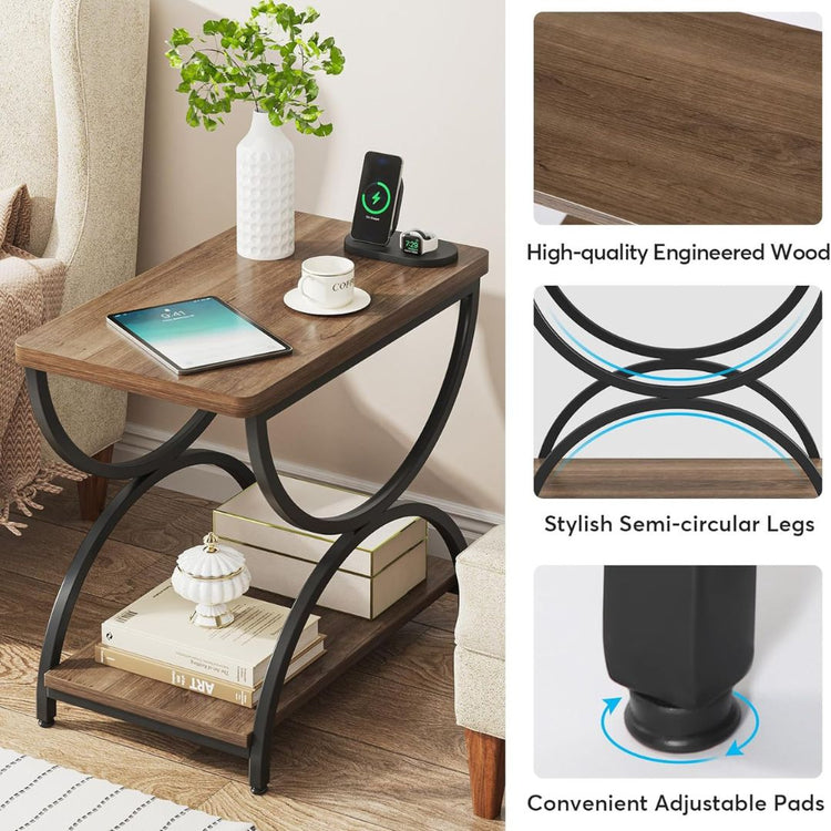 Rectangular Side Table with Storage Shelf, Wood Top and Metal Frame-Hansart, Tables, Elevate your home décor with this Modern Industrial End Table, blending functionality with bold, geometric design. Crafted with a sturdy black metal frame and rich wood grain shelves, this accent table adds a contemporary yet rustic flair to your living room, bedroom, or office. The striking curved metal supports create an eye-catching silhouette, while the two-tier shelving offers ample space for your essentials or decorat