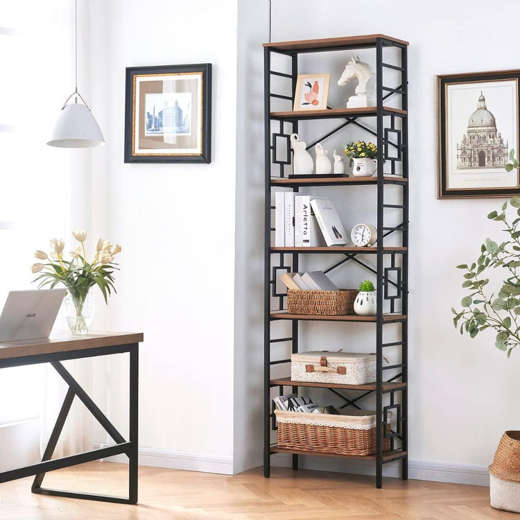 Industrial 7-Tier Bookshelf with Wood Shelves and Metal Frame, HANSART, Add a touch of industrial charm and practical storage to your space with this Industrial 7-Tier Metal and Wood Tall Bookshelf. Standing tall at 84.4 inches, this open shelving unit blends sturdy black metal framing with rustic wood shelves, creating a versatile piece perfect for home offices, living rooms, or studies. The unique geometric side panels add a modern flair, while the open-back design ensures an airy feel, making it a stylis