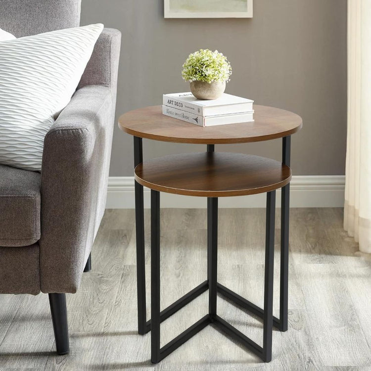 Set of 2 Round Nesting Side Tables with Wood Top and Metal Legs-Hansart, Tables, Elevate your home decor with this stylish Set of 2 Round Nesting Side Tables, designed to blend modern aesthetics with practical functionality. Featuring rich wood grain tops and sleek black metal frames, these tables add a contemporary industrial vibe to any living space. The set includes two different sizes, allowing you to nest them together for a space-saving solution or use them separately as side tables, coffee tables, or