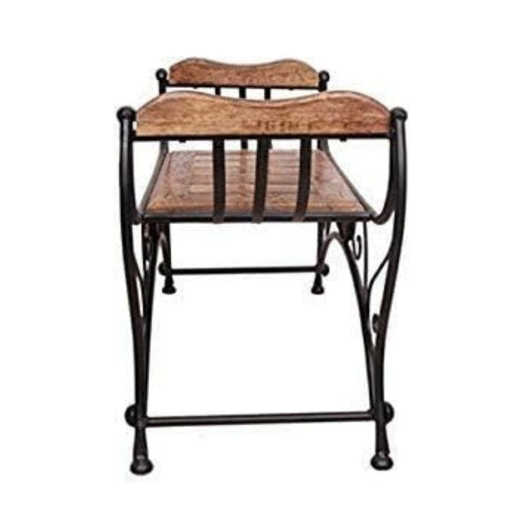 Vintage Wrought Iron Decorative Bench with Wooden Seat and Scroll Armrests, HANSART, Bring timeless elegance and functionality to your space with this beautifully crafted Vintage Wrought Iron Decorative Bench with Wooden Seat. Blending classic design with sturdy construction, this bench features gracefully curved wrought iron legs and arms, intricately detailed scrollwork, and a solid wood seat with a rustic finish. The centerpiece medallion adds a touch of vintage charm, making it perfect for both indoor a