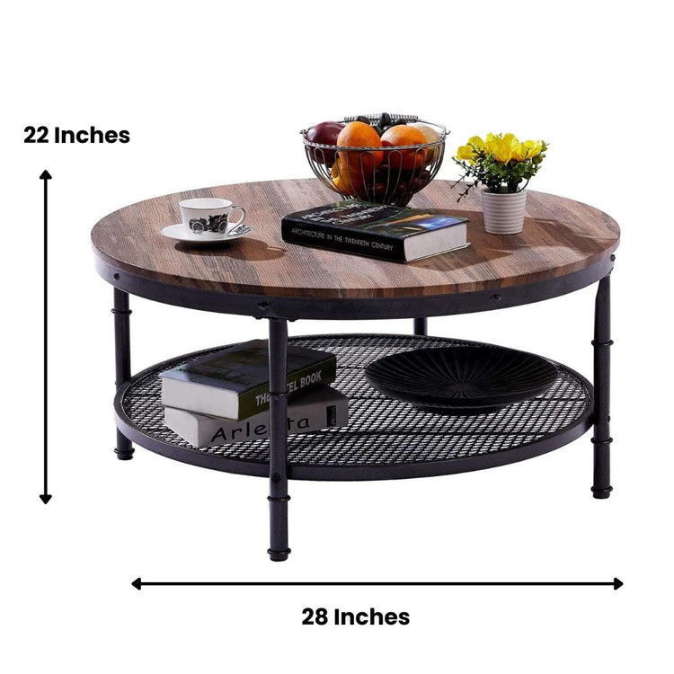 Round Industrial Coffee Table with Storage Shelf and Wood Top-Hansart, Tables, Elevate your living space with this stylish and functional Industrial Round Coffee Table. Featuring a warm rustic wood finish paired with a sturdy black metal frame, this table brings a modern industrial vibe to any room. The spacious round tabletop offers ample space for drinks, snacks, and decor, while the lower mesh shelf provides convenient storage for books, magazines, and more. Perfect for living rooms, lounges, or offices,