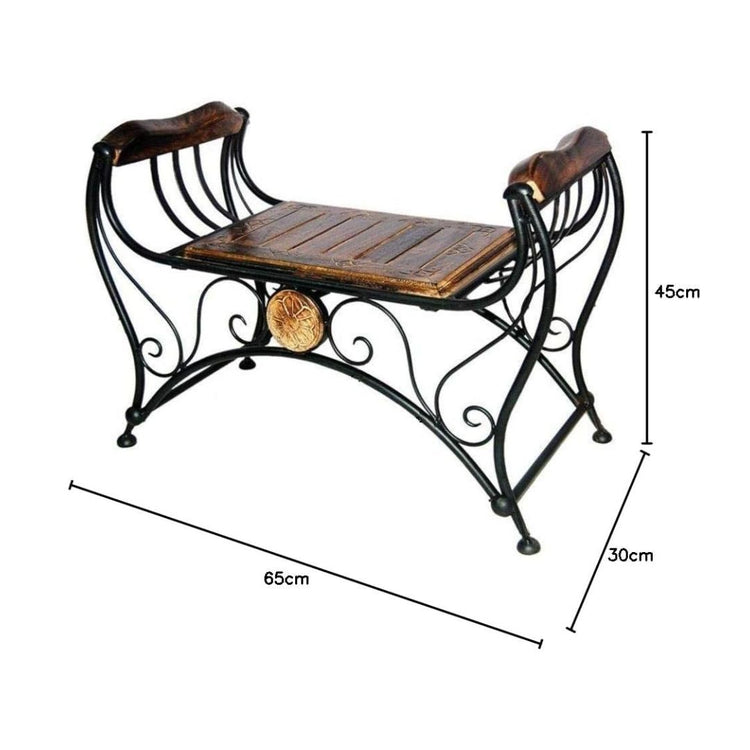 Vintage Wrought Iron Decorative Bench with Wooden Seat and Scroll Armrests, HANSART, Bring timeless elegance and functionality to your space with this beautifully crafted Vintage Wrought Iron Decorative Bench with Wooden Seat. Blending classic design with sturdy construction, this bench features gracefully curved wrought iron legs and arms, intricately detailed scrollwork, and a solid wood seat with a rustic finish. The centerpiece medallion adds a touch of vintage charm, making it perfect for both indoor a