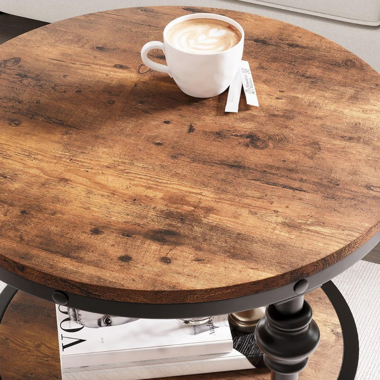 Rustic Round End Table with 3-Tier Storage and Metal Frame-Hansart, Tables, Add a touch of vintage charm and practical storage to your space with this Vintage Industrial Round Nightstand with 3-Tier Storage Shelves. Crafted with a sturdy black metal frame and rustic brown wood surfaces, this end table blends industrial style with farmhouse warmth. Its three-tier round design provides ample space for organizing your essentials, whether it’s in the bedroom as a nightstand or in the living room as a side table