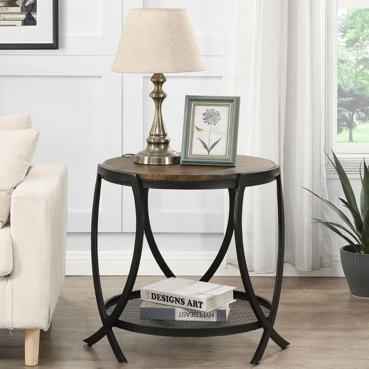 Round Industrial Side Table with Storage Shelf and Metal Frame-Hansart, Tables, Add a touch of industrial charm to your space with this Round Side Table with Mesh Storage Shelf. Combining rustic wood textures with a sleek black metal frame, this versatile accent table brings both style and functionality to any room. The round tabletop provides a perfect spot for a lamp, books, or decorative accents, while the lower mesh shelf adds extra storage for magazines, baskets, or other essentials. Crafted for durabi