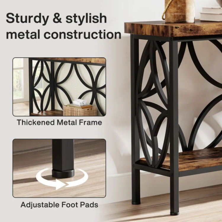 Console Table with Geometric Metal Frame and Rustic Wood Shelves-Hansart, Tables, Add a touch of industrial charm to your living space with the Industrial Console Table. Featuring a warm wood-grain finish paired with a sleek black metal frame, this eye-catching piece brings both style and function to your home. Whether you&