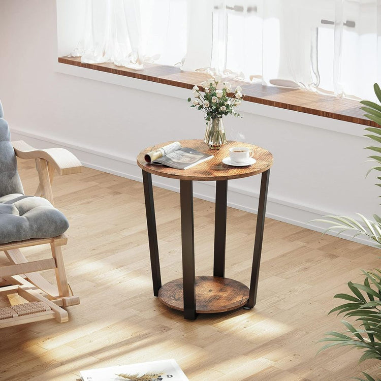 Rustic Industrial Round Side Table with Shelf-Hansart, Tables, Enhance your living space with this stylish Rustic Industrial Round Side Table. Designed with a warm wood grain finish and sturdy black metal frame, this versatile table brings a touch of industrial charm to any room. With a spacious tabletop and a convenient lower shelf, it’s perfect for holding drinks, books, plants, or decorative items. Its compact design makes it an ideal addition to your living room, bedroom, or office, serving as an end ta