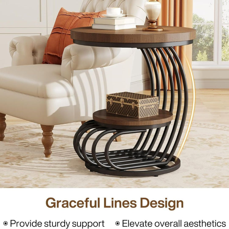 Modern Round End Table with 2-Tier Wood Shelves and Curved Metal Base-Hansart, Tables, Elevate your living space with this modern industrial round side table. Designed with a perfect blend of rustic wood and contemporary metal accents, this stylish table brings functionality and sophistication to any room. The dual-tiered design provides ample surface area for both display and storage, while the artistic curved metal base adds a bold architectural statement. Ideal for your living room, reading nook, or offi