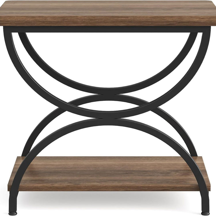 Rectangular Side Table with Storage Shelf, Wood Top and Metal Frame-Hansart, Tables, Elevate your home décor with this Modern Industrial End Table, blending functionality with bold, geometric design. Crafted with a sturdy black metal frame and rich wood grain shelves, this accent table adds a contemporary yet rustic flair to your living room, bedroom, or office. The striking curved metal supports create an eye-catching silhouette, while the two-tier shelving offers ample space for your essentials or decorat