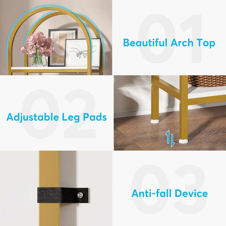 4-Tier Gold Arched Metal Bookshelf with White Shelves for Living Room, Bedroom, or Office, HANSART, Elevate your space with this elegant 4-Tier Gold Arched Bookshelf featuring clean lines and a modern design. The eye-catching arched frame in a chic gold finish complements the sleek white shelves, making it the perfect addition to contemporary, modern, or glam-style interiors. Whether you need extra storage or a decorative display rack, this bookshelf is both stylish and functional. With its tall, narrow str