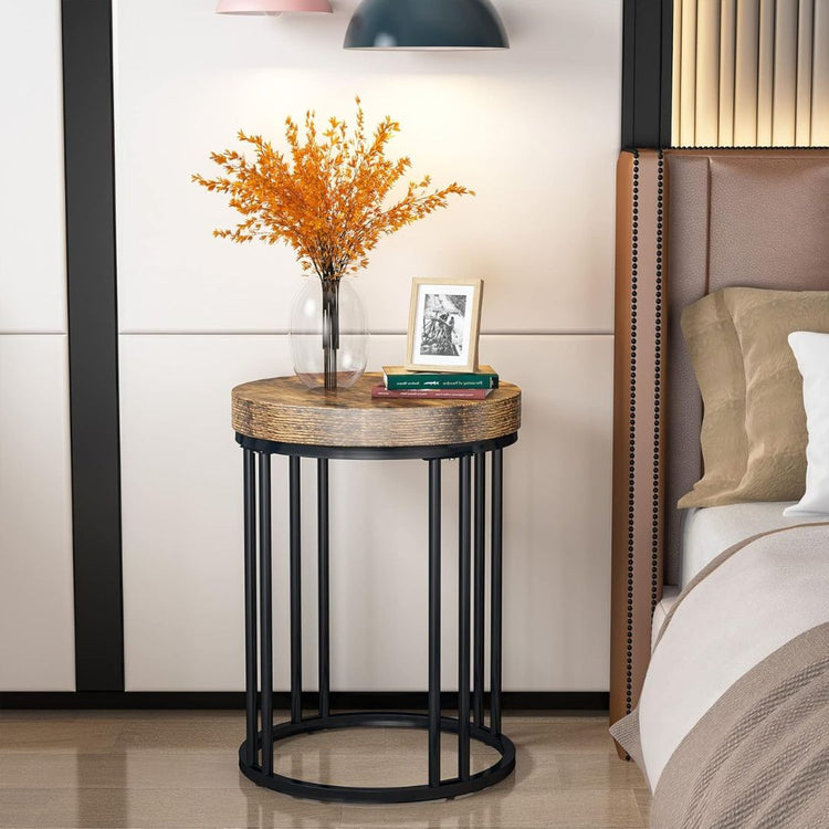 Round Industrial Side Table with Rustic Wood Top and Metal Base-Hansart, Tables, Bring modern industrial flair to your space with this Round Side Table featuring a Wood Top and Metal Frame. Designed with a minimalist aesthetic, this stylish end table combines a rich, rustic wood-grain finish with a sleek black metal base. Its clean, open-frame structure adds a contemporary touch, making it a versatile piece for living rooms, bedrooms, offices, or reading nooks. The sturdy metal frame provides stability, whi