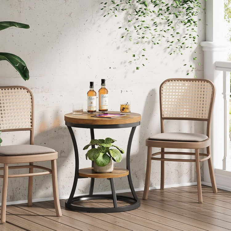 Round End Table with Storage Shelf, Wood Top and Metal Frame-Hansart, Tables, Enhance your living space with this Modern Industrial Round Side Table, a perfect blend of rustic charm and contemporary design. Featuring a smooth woodgrain top and a sturdy black metal frame, this versatile end table offers both style and functionality. The two-tier design provides ample storage and display space, ideal for keeping your essentials within reach or showcasing decorative items. With its compact footprint and sleek