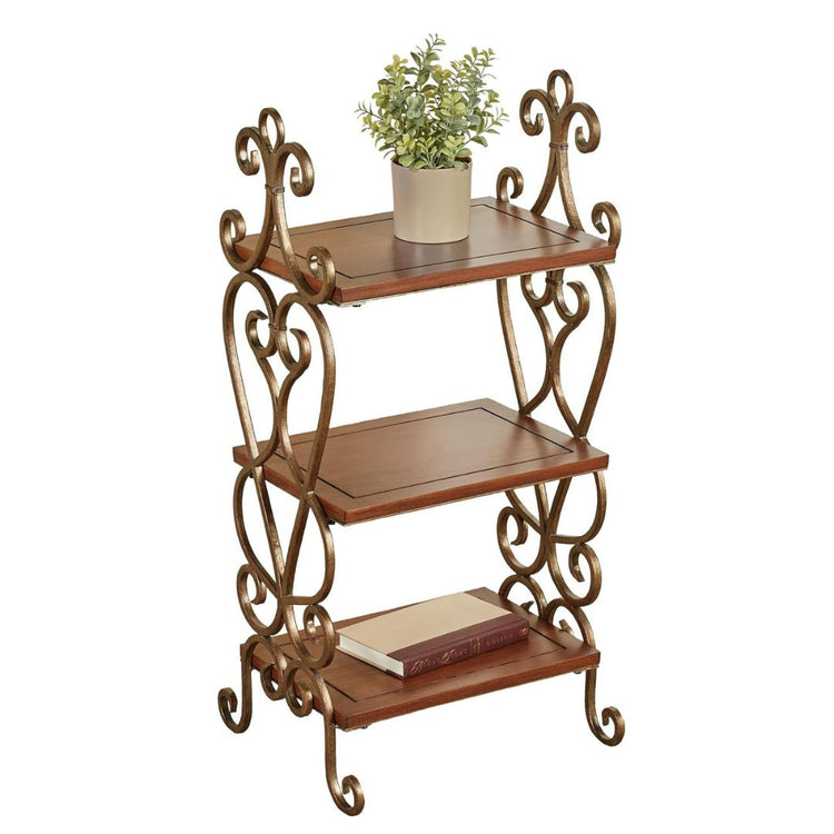 Vintage 3-Tier Metal Scrollwork Accent Shelf with Wooden Shelves, HANSART, Elevate your home decor with this elegant 3-Tier Metal Scrollwork Accent Shelf, a perfect blend of vintage charm and functional design. Standing 34 inches tall, this accent shelf features intricately designed metal scrollwork in an antique bronze finish that adds a touch of old-world elegance to any space. The three spacious wooden shelves provide a warm contrast with their rich, polished wood tones, offering ample space to display d