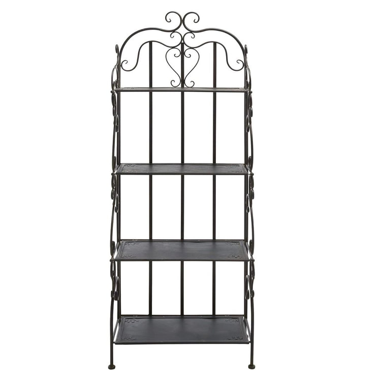 Vintage Black Metal 4-Tier Scrollwork Baker’s Rack, HANSART, Add timeless charm and versatile storage to your home or garden with this Vintage Black Metal 4-Tier Scrollwork Baker’s Rack. Crafted from durable wrought iron with a classic black finish, this freestanding shelving unit showcases intricate scrollwork and a heart-shaped accent that brings an elegant touch to any space. With four spacious shelves, it’s perfect for displaying plants, decorative accents, kitchenware, or garden tools. Its open design