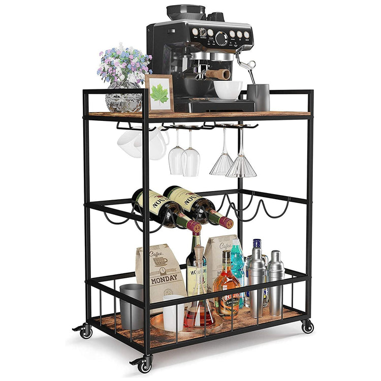Multifunctional cart with coffee machine, wine bottles, and glasses on a white background