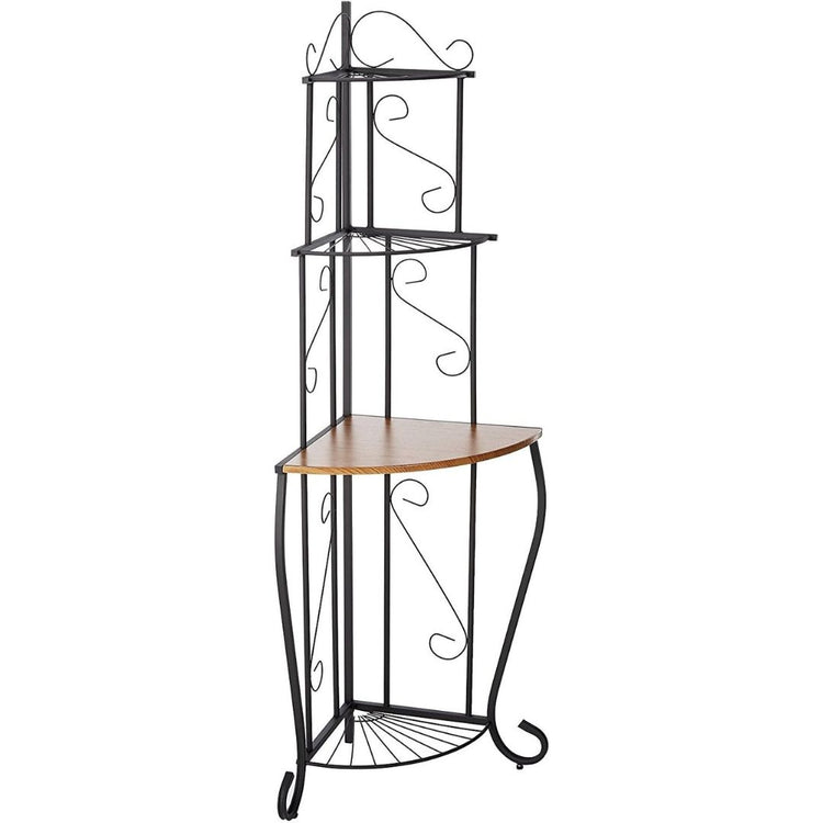 Metal Corner Shelf Stand with 4-Tier Wood Shelves for Home Décor, HANSART, Maximize your space in style with this 64-Inch Tall Metal and Wood Corner Shelf Stand. Featuring a sophisticated scrollwork design and a blend of durable black metal and warm wood shelves, this 4-tier corner rack is the perfect addition to any room or outdoor space. The tiered design provides ample space for displaying plants, decorative items, books, or kitchen essentials. Its tall, freestanding structure fits neatly into any corner