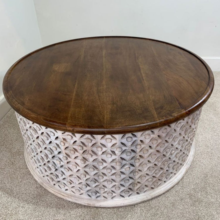 Handcrafted Round Wooden Coffee Table with Decorative Carving-Hansart, Tables, Add a touch of rustic elegance to your living space with this Handcrafted Round Wooden Coffee Table. Featuring a beautifully stained solid wood top and a hand-carved lattice base, this table combines timeless design with modern farmhouse charm. The contrast between the rich brown tabletop and the distressed whitewashed base creates a stunning centerpiece perfect for any living room, lounge, or sitting area. Its sturdy constructio