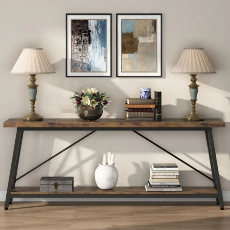 Industrial Console Table with Open Storage Shelf and Metal Frame-Hansart, Tables, Add a touch of industrial charm to your living space with the Industrial Console Table. Featuring a warm wood-grain finish paired with a sleek black metal frame, this eye-catching piece brings both style and function to your home. Whether you&