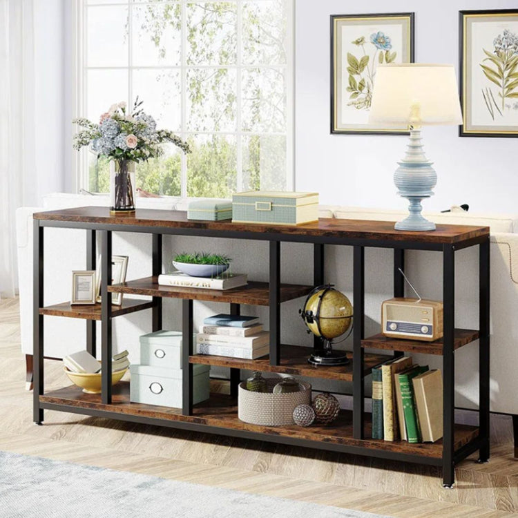 Industrial Console Table with Open Shelving in Rustic Brown and Black Frame-Hansart, Tables, Add a touch of industrial charm to your living space with the Industrial Console Table. Featuring a warm wood-grain finish paired with a sleek black metal frame, this eye-catching piece brings both style and function to your home. Whether you&