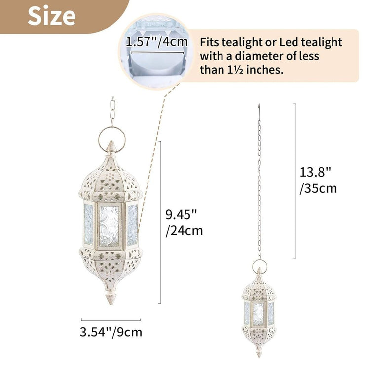 Vintage Hanging Moroccan Lanterns - White Metal Candle Holders (Set of 2)-Hansart-Hansart, Enhance your home decor with these elegant Vintage Hanging Moroccan Lanterns. Featuring an intricately carved white metal frame and embossed glass panels, these lanterns bring a touch of exotic charm and ambient lighting to any space. Perfect for holding tea light or LED candles, they are ideal for hanging indoors or outdoors, creating a warm and inviting atmosphere for weddings, parties, or everyday decor. Exquisite