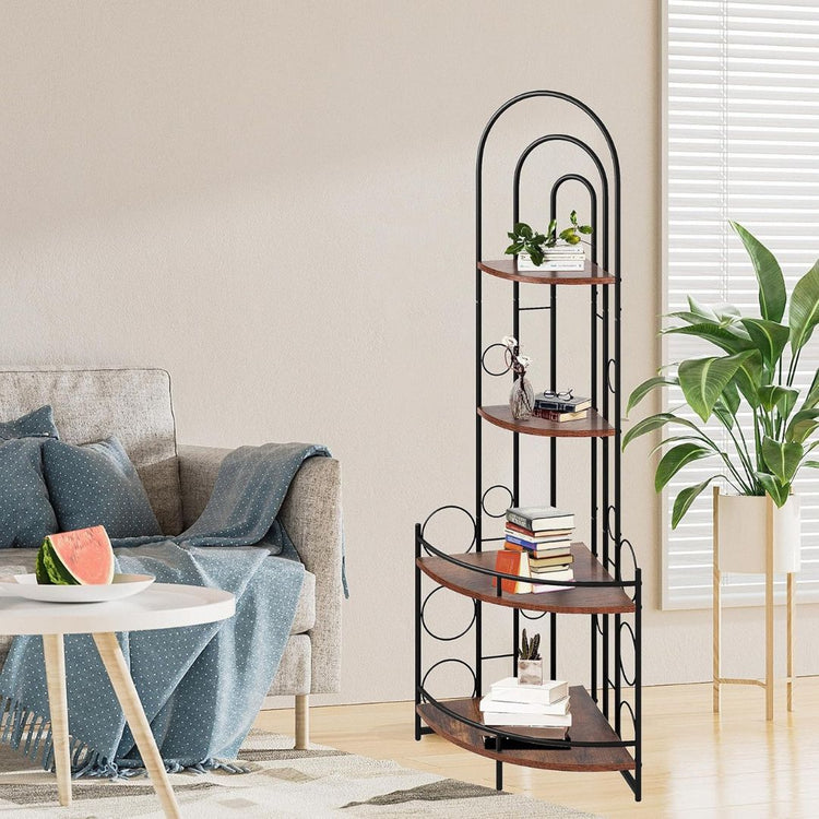 4-Tier Metal Corner Shelf with Rustic Wood Shelves for Home Decor, HANSART, Maximize your space with this 59-Inch Tall Modern Industrial Corner Shelf Unit, a perfect combination of form and function. Designed to fit snugly into any corner, this 5-tier shelving unit features a sturdy metal frame with an elegant black finish and rich wooden shelves. The arched top and circular accents give it a contemporary look that complements both modern and industrial décor styles. With its varying shelf widths, this unit