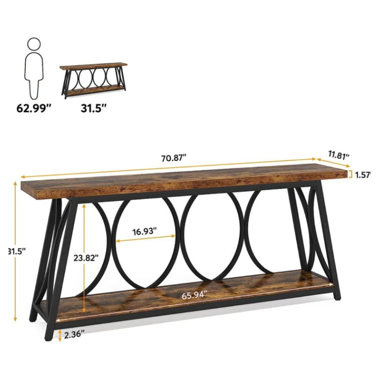 Rustic Console Table with Open Geometric Metal Frame and 2-Tier Wood Shelves-Hansart, Tables, Add a touch of industrial charm to your living space with the Industrial Console Table. Featuring a warm wood-grain finish paired with a sleek black metal frame, this eye-catching piece brings both style and function to your home. Whether you&