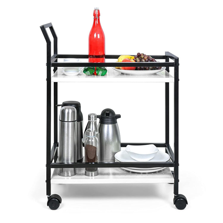 Black serving cart with food and drinks on a white background