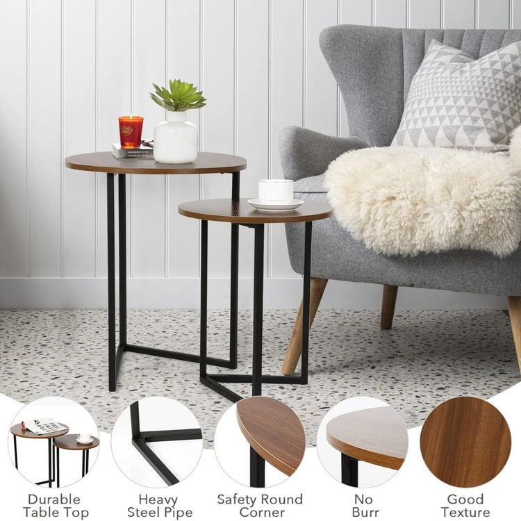 Set of 2 Round Nesting Side Tables with Wood Top and Metal Legs-Hansart, Tables, Elevate your home decor with this stylish Set of 2 Round Nesting Side Tables, designed to blend modern aesthetics with practical functionality. Featuring rich wood grain tops and sleek black metal frames, these tables add a contemporary industrial vibe to any living space. The set includes two different sizes, allowing you to nest them together for a space-saving solution or use them separately as side tables, coffee tables, or