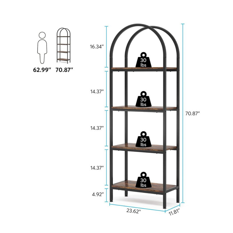 Metal Frame and Wood Display Shelf, Freestanding Storage Rack for Living Room, Bedroom, HANSART, Elevate your home decor with this elegant 4-Tier Arched Bookshelf, combining a rustic wood finish with a sturdy black metal frame. The unique arched design adds a stylish architectural element, making it an eye-catching centerpiece in any room. Ideal for displaying books, plants, decorative items, or collectibles, this freestanding storage rack offers both functionality and sophistication. Its space-saving struc