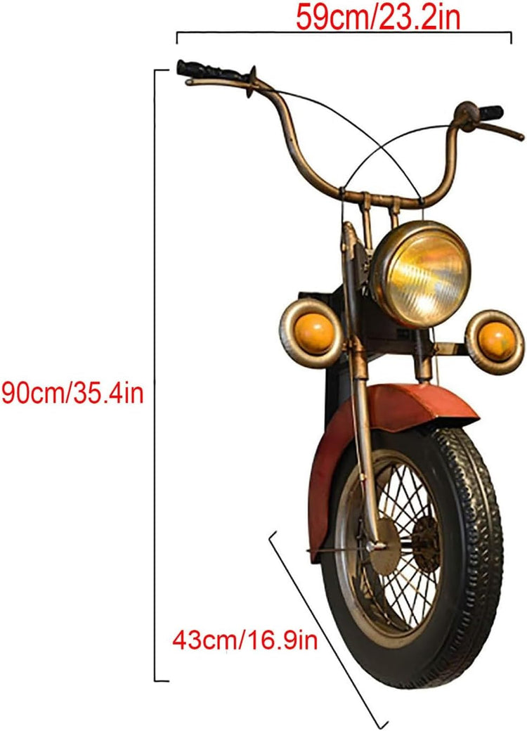 HANSART, Bring a bold and nostalgic touch to your space with this Vintage Motorcycle Front Wall Decor. Designed to replicate the front of a classic motorcycle, this unique wall art piece features realistic details including a metal handlebar, headlight, and tire. The industrial retro finish and authentic styling make it a perfect statement piece for garages, cafes, man caves, or any space in need of a rugged, adventurous vibe.