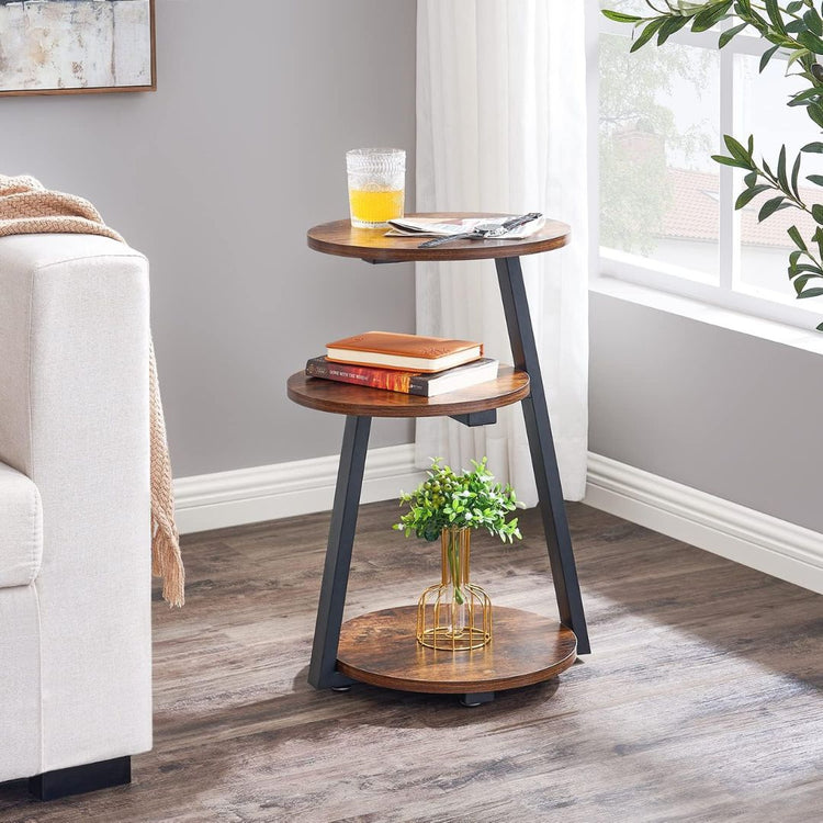 Industrial Vintage Display Shelf with Wood Finish and Metal Frame Side Table-Hansart, Tables, Enhance your home decor with this stylish and functional 3-Tier Round Plant Stand. Crafted with a rustic wood finish and a sturdy black metal frame, this industrial-inspired display shelf blends vintage charm with modern elegance. Standing at 60 cm (23.62 inches) tall, this multi-functional stand is perfect for showcasing plants, books, decorative items, or even as a compact side table.