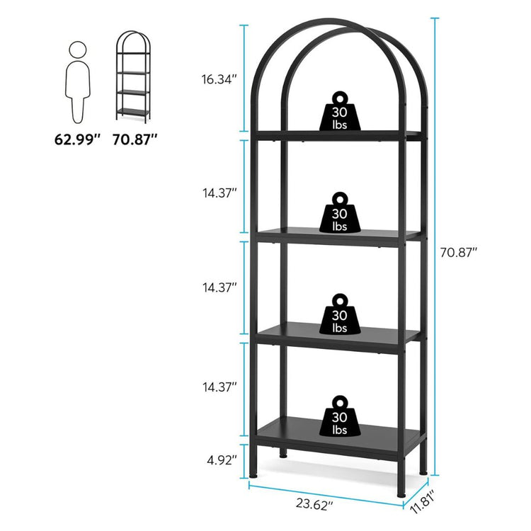 4-Tier Arched Metal Bookshelf, Black Display Rack, HANSART, Elevate your home or office decor with this sleek and modern 4-Tier Arched Metal Bookshelf. Designed with a stylish arched frame and a matte black finish, this versatile shelving unit blends seamlessly into any interior. The open shelving provides ample space for books, decorative items, plants, or storage baskets. Constructed from durable metal, this bookshelf offers stability and strength, making it a perfect combination of function and style. Mo