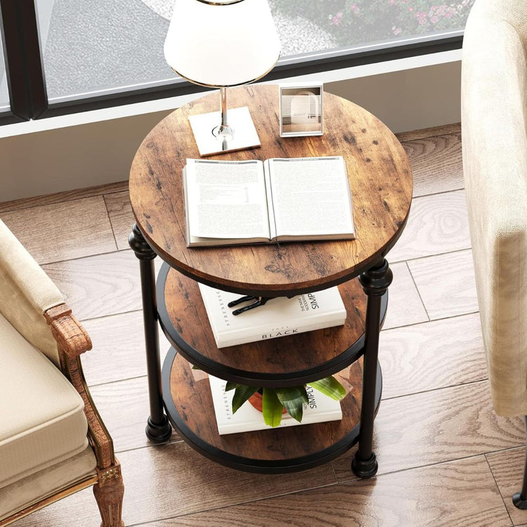Rustic Round End Table with 3-Tier Storage and Metal Frame-Hansart, Tables, Add a touch of vintage charm and practical storage to your space with this Vintage Industrial Round Nightstand with 3-Tier Storage Shelves. Crafted with a sturdy black metal frame and rustic brown wood surfaces, this end table blends industrial style with farmhouse warmth. Its three-tier round design provides ample space for organizing your essentials, whether it’s in the bedroom as a nightstand or in the living room as a side table
