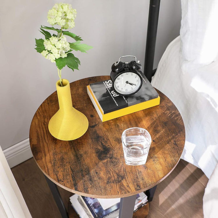 Rustic Industrial Round Side Table with Shelf-Hansart, Tables, Enhance your living space with this stylish Rustic Industrial Round Side Table. Designed with a warm wood grain finish and sturdy black metal frame, this versatile table brings a touch of industrial charm to any room. With a spacious tabletop and a convenient lower shelf, it’s perfect for holding drinks, books, plants, or decorative items. Its compact design makes it an ideal addition to your living room, bedroom, or office, serving as an end ta