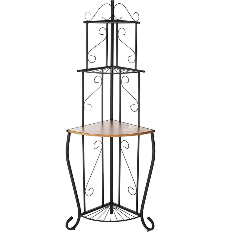 Metal Corner Shelf Stand with 4-Tier Wood Shelves for Home Décor, HANSART, Maximize your space in style with this 64-Inch Tall Metal and Wood Corner Shelf Stand. Featuring a sophisticated scrollwork design and a blend of durable black metal and warm wood shelves, this 4-tier corner rack is the perfect addition to any room or outdoor space. The tiered design provides ample space for displaying plants, decorative items, books, or kitchen essentials. Its tall, freestanding structure fits neatly into any corner