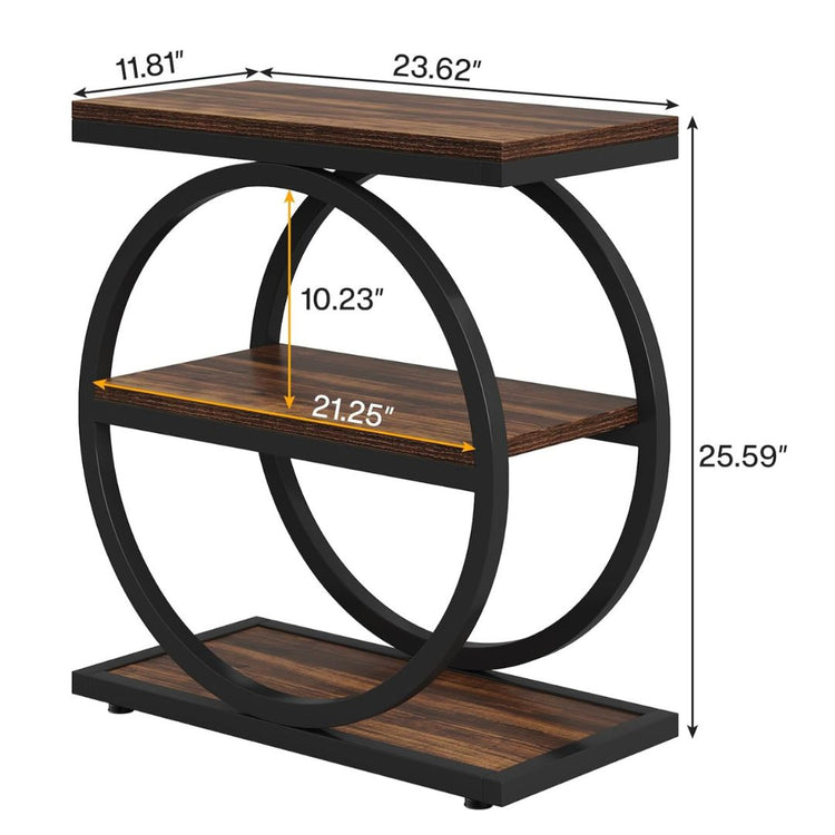 Modern Industrial Circle Frame Side Table with Storage Shelves-Hansart, Tables, Enhance your living space with this Modern Industrial Circle Frame Side Table. Featuring a unique geometric design with circular metal framing, this accent table combines rustic charm with contemporary flair. Crafted from durable engineered wood in a rich, dark brown finish and supported by a sturdy black powder-coated steel frame, it’s built to last. The table includes two spacious open shelves, ideal for displaying books, déco