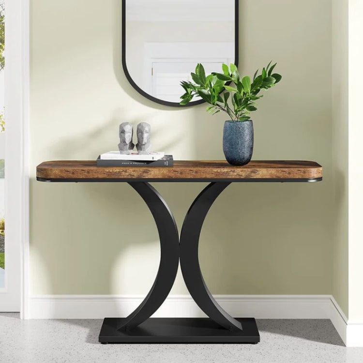 Rustic Brown Console Table with Sculptural Black Metal Base-Hansart, Tables, Elevate your space with the perfect blend of modern elegance and rustic charm. Our Rustic Brown Console Table with Sculptural Black Metal Base brings sophistication and function to your living room, hallway, or entryway. The eye-catching curved black metal pedestal base provides a bold, sculptural statement, while the rich rustic brown tabletop offers warmth and texture. Whether you&