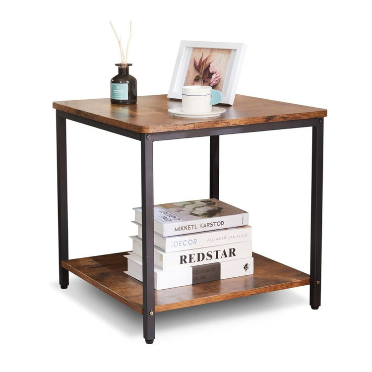 Rustic Wood Top and Black Metal Frame, End Table for Living Room or Bedroom-Hansart, Tables, Bring industrial charm and functional design to your home with this Industrial Square Side Table with Storage Shelf. Crafted with a rustic wood finish and a sturdy black metal frame, this versatile end table combines durability with a modern farmhouse aesthetic. The spacious tabletop provides the perfect spot for a lamp, books, or your favorite décor pieces, while the lower shelf adds additional storage for magazine
