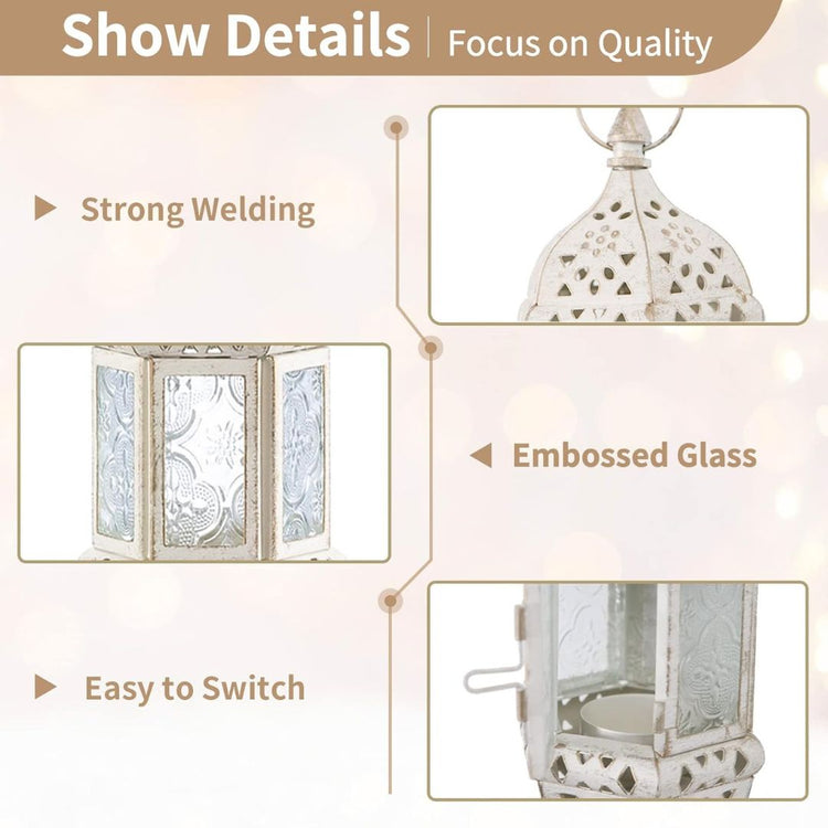 Vintage Hanging Moroccan Lanterns - White Metal Candle Holders (Set of 2)-Hansart-Hansart, Enhance your home decor with these elegant Vintage Hanging Moroccan Lanterns. Featuring an intricately carved white metal frame and embossed glass panels, these lanterns bring a touch of exotic charm and ambient lighting to any space. Perfect for holding tea light or LED candles, they are ideal for hanging indoors or outdoors, creating a warm and inviting atmosphere for weddings, parties, or everyday decor. Exquisite