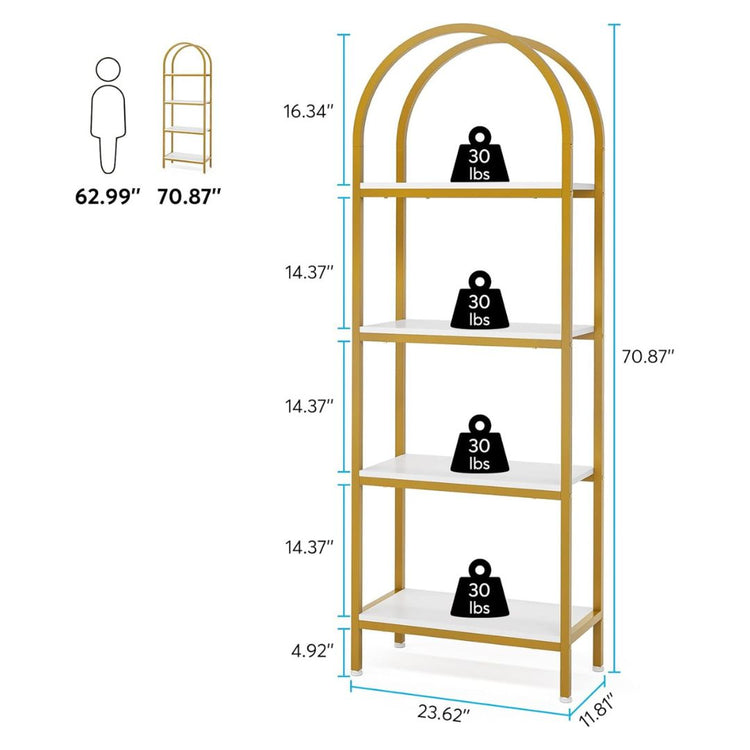 4-Tier Gold Arched Metal Bookshelf with White Shelves for Living Room, Bedroom, or Office, HANSART, Elevate your space with this elegant 4-Tier Gold Arched Bookshelf featuring clean lines and a modern design. The eye-catching arched frame in a chic gold finish complements the sleek white shelves, making it the perfect addition to contemporary, modern, or glam-style interiors. Whether you need extra storage or a decorative display rack, this bookshelf is both stylish and functional. With its tall, narrow str