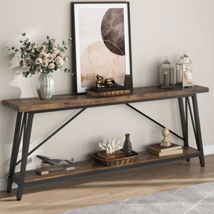 Industrial Console Table with Open Storage Shelf and Metal Frame-Hansart, Tables, Add a touch of industrial charm to your living space with the Industrial Console Table. Featuring a warm wood-grain finish paired with a sleek black metal frame, this eye-catching piece brings both style and function to your home. Whether you&