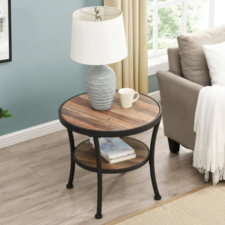 Wood Top & Metal Frame Accent End Table for Living Room-Hansart, Tables, Elevate your living space with this stylish and functional Round Side Table, designed to bring rustic charm and industrial flair into any room. Crafted with a durable black metal frame and a warm wood grain finish, this versatile table is the perfect companion for your sofa, armchair, or bedside. The spacious 23.6-inch diameter tabletop offers plenty of room for lamps, books, or decorative pieces, while the lower 18.5-inch shelf provid