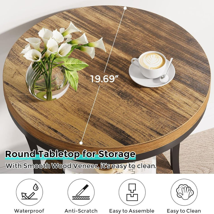 Round End Table with Storage Shelf, Wood Top and Metal Frame-Hansart, Tables, Enhance your living space with this Modern Industrial Round Side Table, a perfect blend of rustic charm and contemporary design. Featuring a smooth woodgrain top and a sturdy black metal frame, this versatile end table offers both style and functionality. The two-tier design provides ample storage and display space, ideal for keeping your essentials within reach or showcasing decorative items. With its compact footprint and sleek