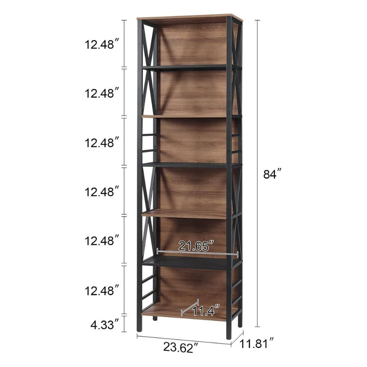 6-Tier Bookshelf with Metal Frame and Wood Shelves for Home Office and Living Room, HANSART, Maximize your vertical space and add an industrial charm to your room with this 6-Tier Industrial Bookshelf. Standing at 84 inches tall, this freestanding bookcase features a sturdy black metal frame combined with rustic wood shelves for a stylish, modern look. With five spacious tiers, it’s perfect for storing books, displaying collectibles, or organizing everyday items. Its open-back design paired with X-frame sid