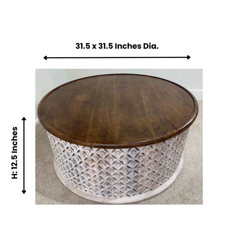 Handcrafted Round Wooden Coffee Table with Decorative Carving-Hansart, Tables, Add a touch of rustic elegance to your living space with this Handcrafted Round Wooden Coffee Table. Featuring a beautifully stained solid wood top and a hand-carved lattice base, this table combines timeless design with modern farmhouse charm. The contrast between the rich brown tabletop and the distressed whitewashed base creates a stunning centerpiece perfect for any living room, lounge, or sitting area. Its sturdy constructio