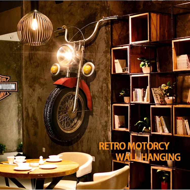HANSART, Bring a bold and nostalgic touch to your space with this Vintage Motorcycle Front Wall Decor. Designed to replicate the front of a classic motorcycle, this unique wall art piece features realistic details including a metal handlebar, headlight, and tire. The industrial retro finish and authentic styling make it a perfect statement piece for garages, cafes, man caves, or any space in need of a rugged, adventurous vibe.